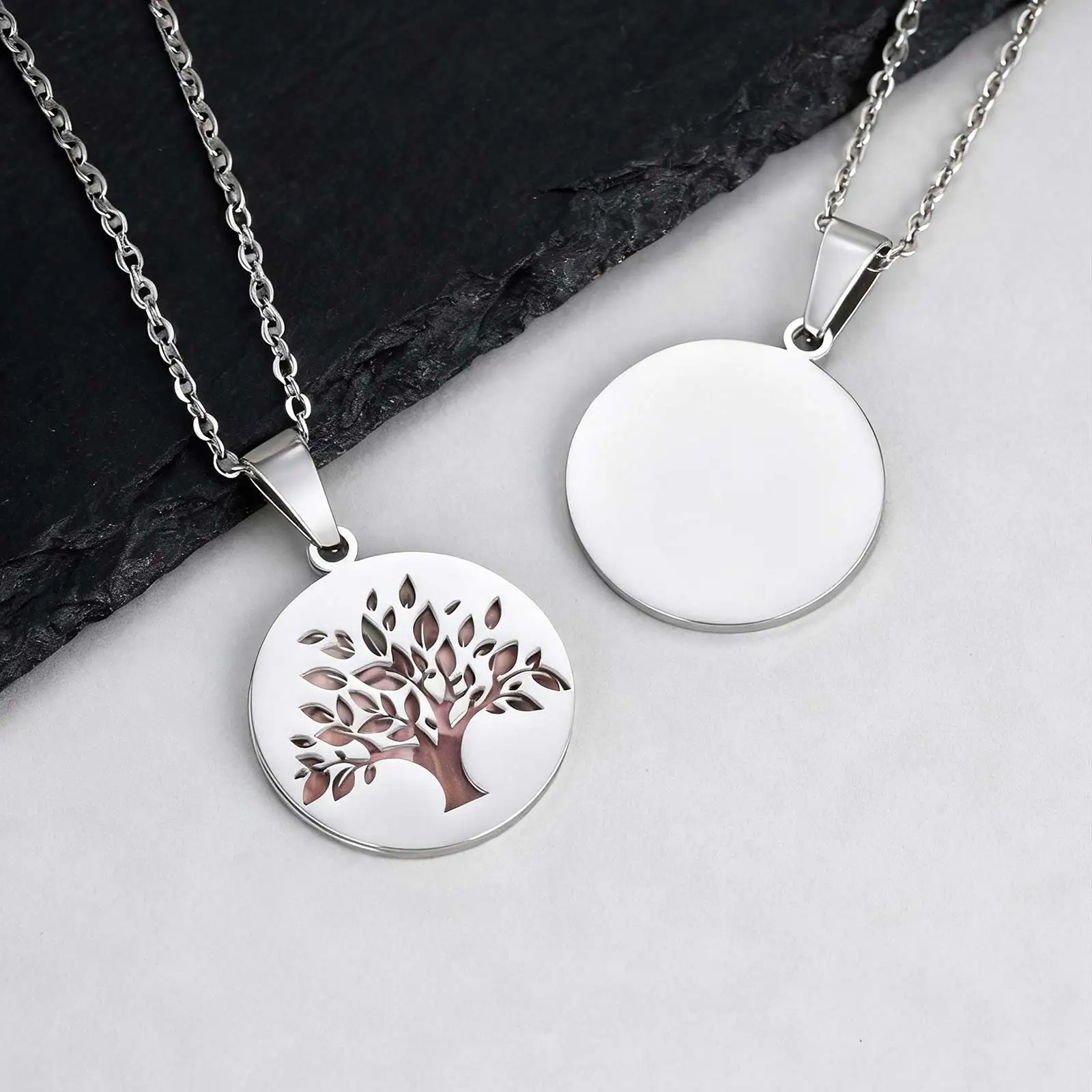 カスタムピクチャー生命の樹ネックレス、男性、男の子用、ステンレススチールラウンドロケットネックレス、パーソナライズされたジュエリーギフト