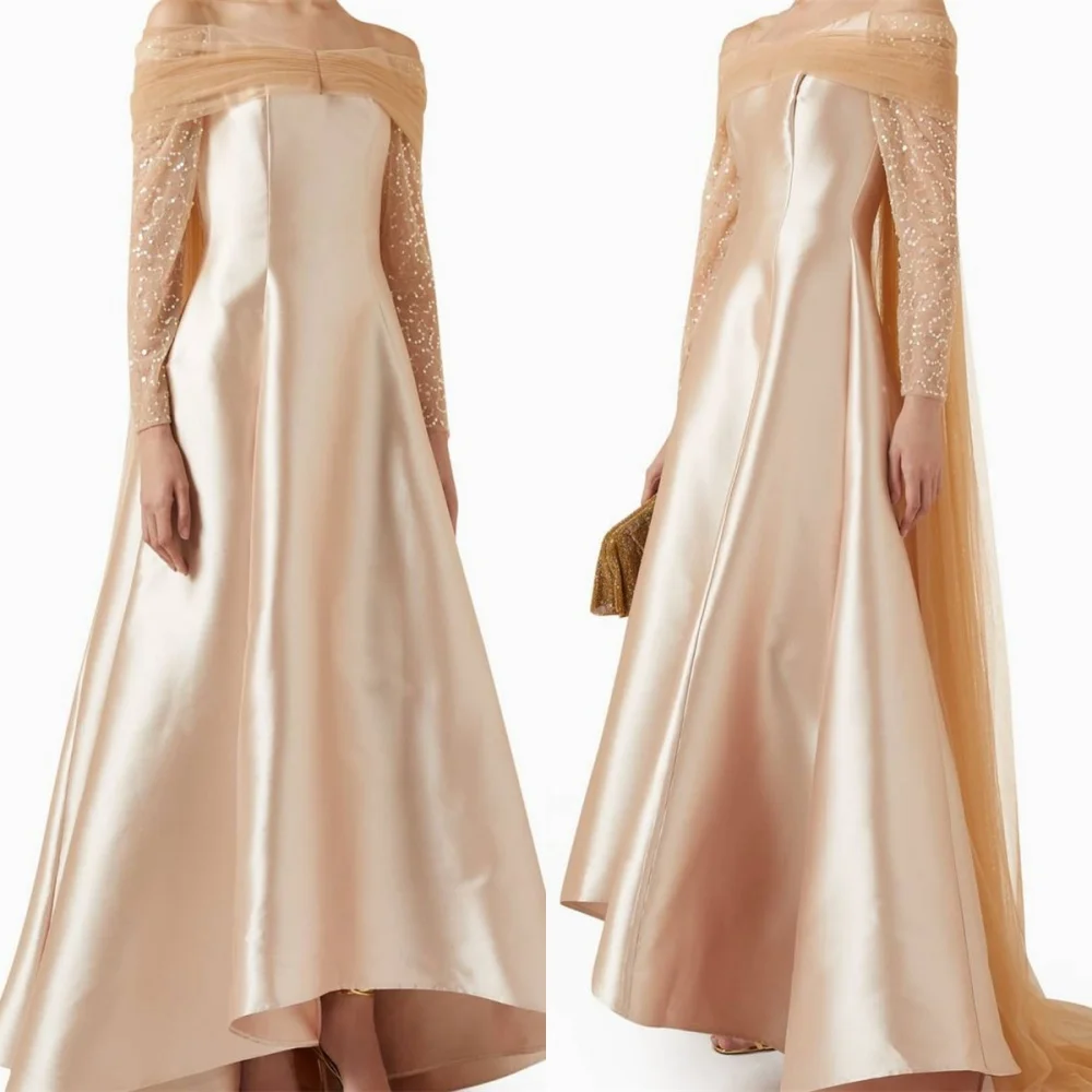 

Customized Elegant Champagne Satin Evening Dress Simple Strapless Off the Shoulder Long Sleeves Zipper Back Homecoming Dress