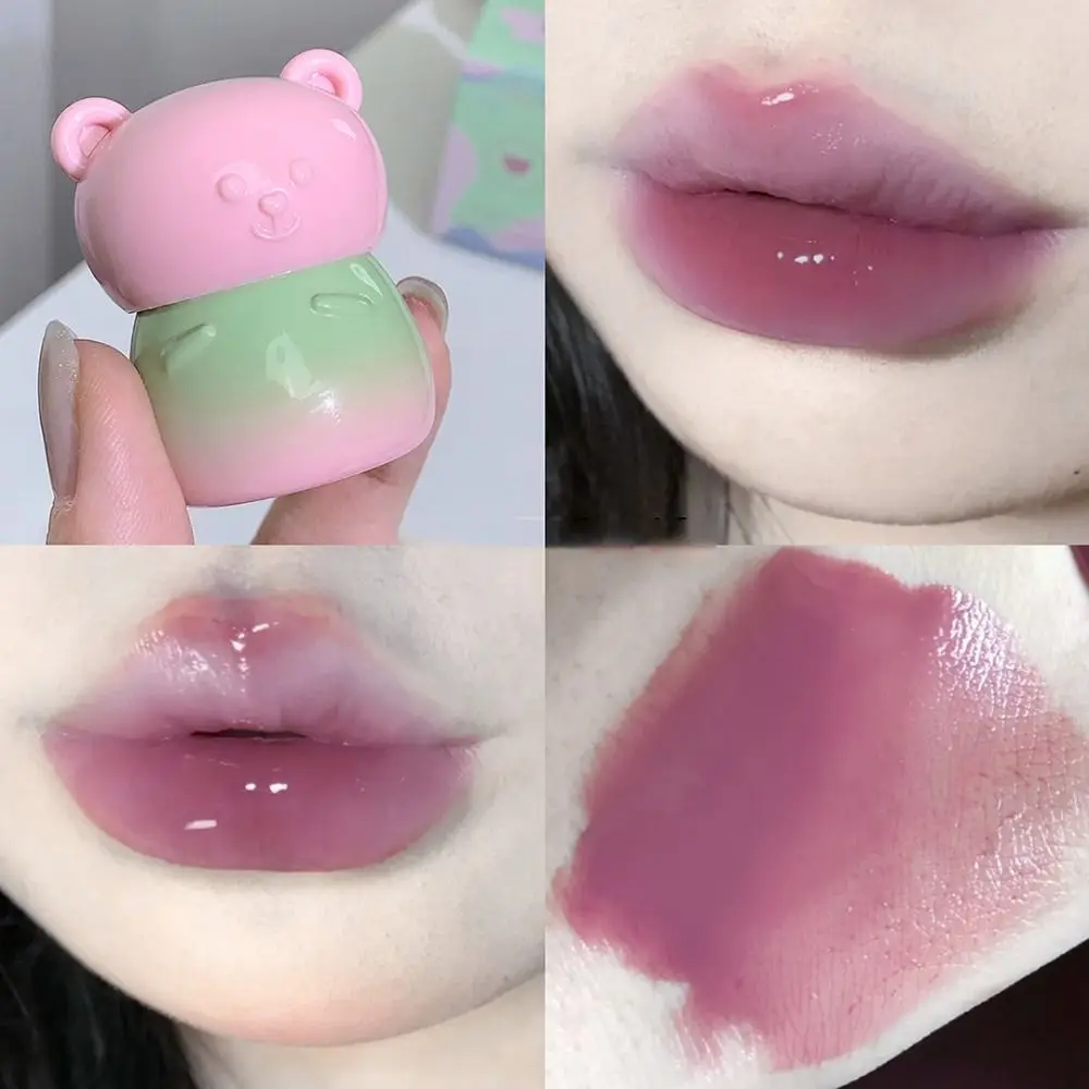 Esmalte de labios de oso rechoncho impermeable, 4 colores, hidratante, enlatado, brillo de labios de espejo, lindo lápiz labial de luz de agua rosa púrpura