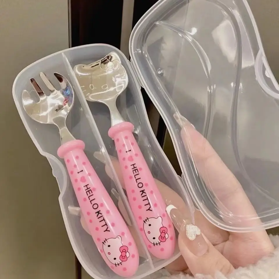 Kawaii Sanrio Spoon Fork Hello Kittys Cute Beauty Tableware Set Portable Travel Box Pink Spoon Children Toys for Girls Gift