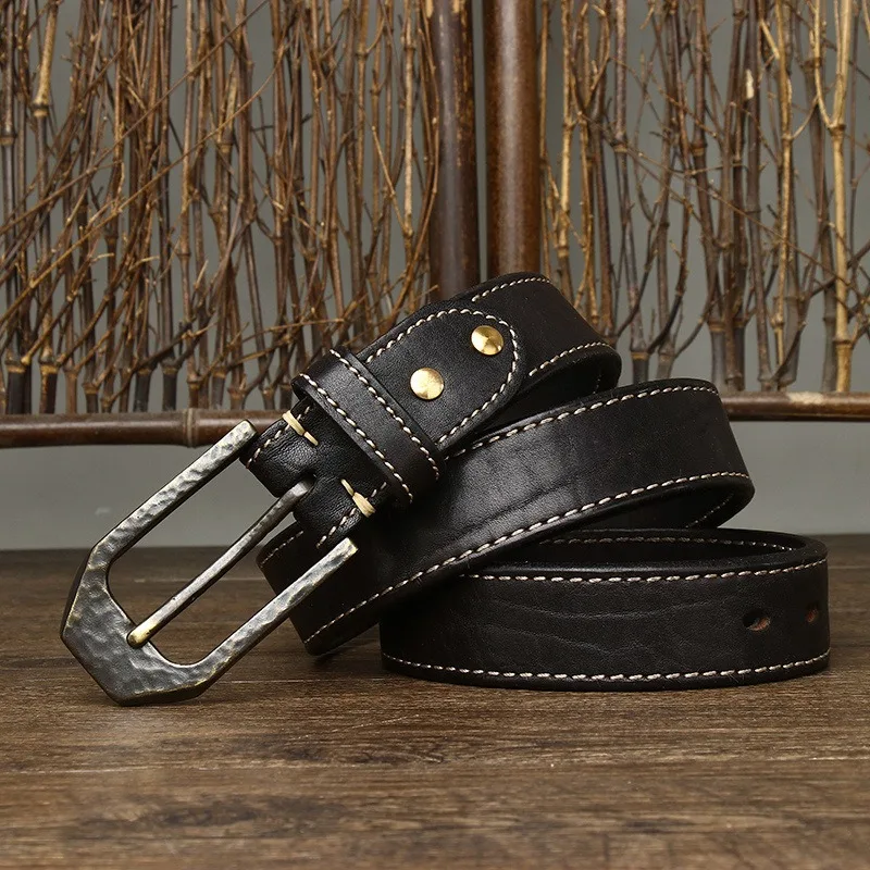 Vintage Style 5MM Thickness Distinctive Texture Cowhide Leather Belt with Hammered Grain Brass Buckle Fit for Jeans