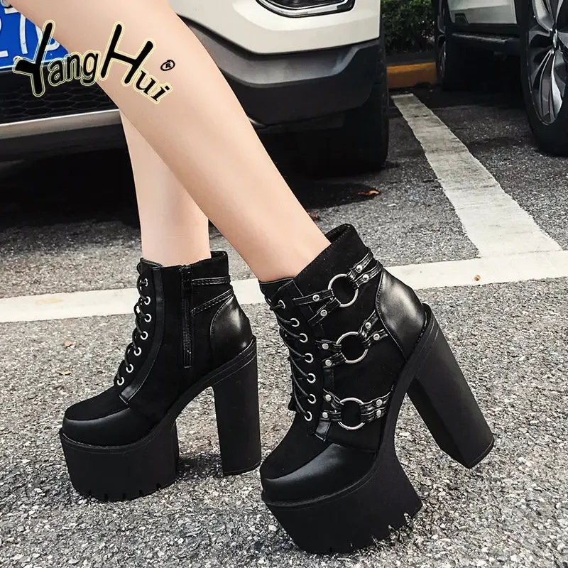 Punk Style Retro Shoes for Women Platform Super High Hells Ankle Women\'s Pumps 2023 New T-stage Modern Boots Autumn Winter