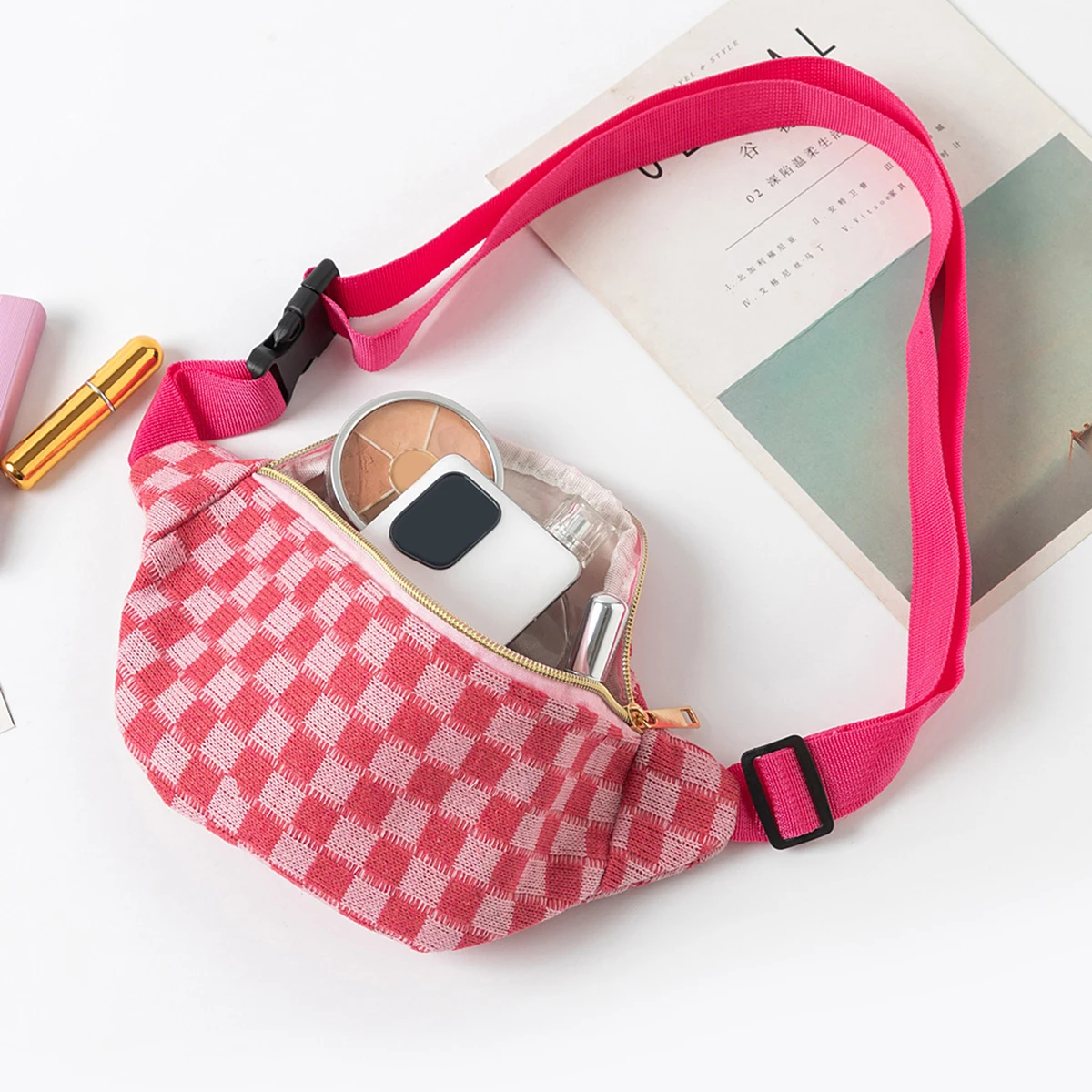 1PC Color-Block Checkerboard Pattern Makeup Bag, Portable Adjustable Shoulder Strap Daily Small Item and Cosmetic Storage Bag