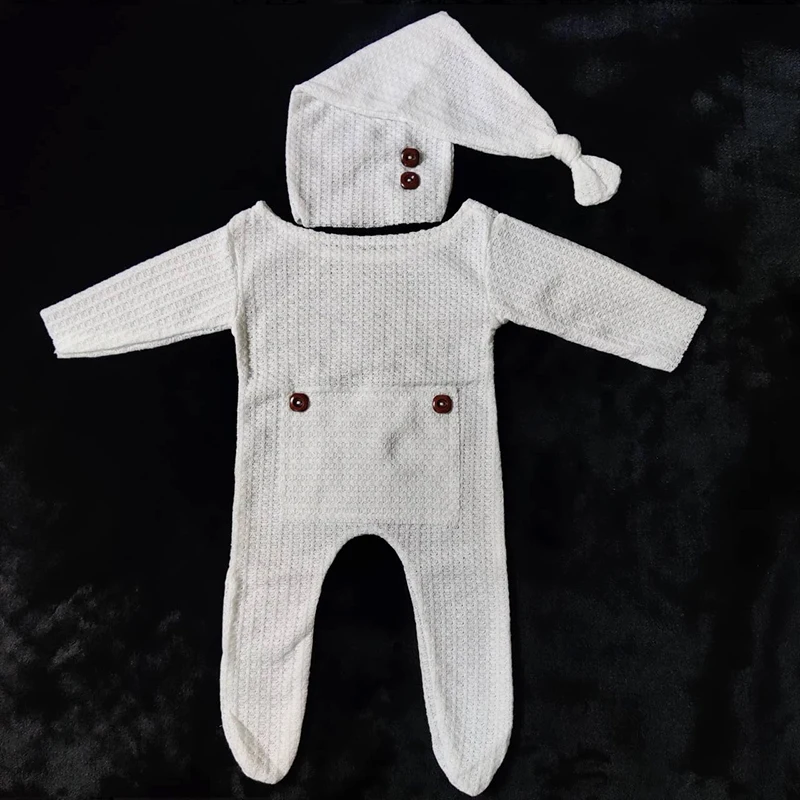 Newborn Photography Jumpsuit Buttons Hat Back Pocket Baby Boy Girl Photo Shooting Clothes Infant Bodysuit