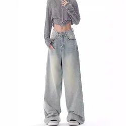 Full Length Women Jeans Vintage Distressed Wide Leg Pants Denim Wash Loose Fit 2024 Summer Pockets Solid Spliced High Waist