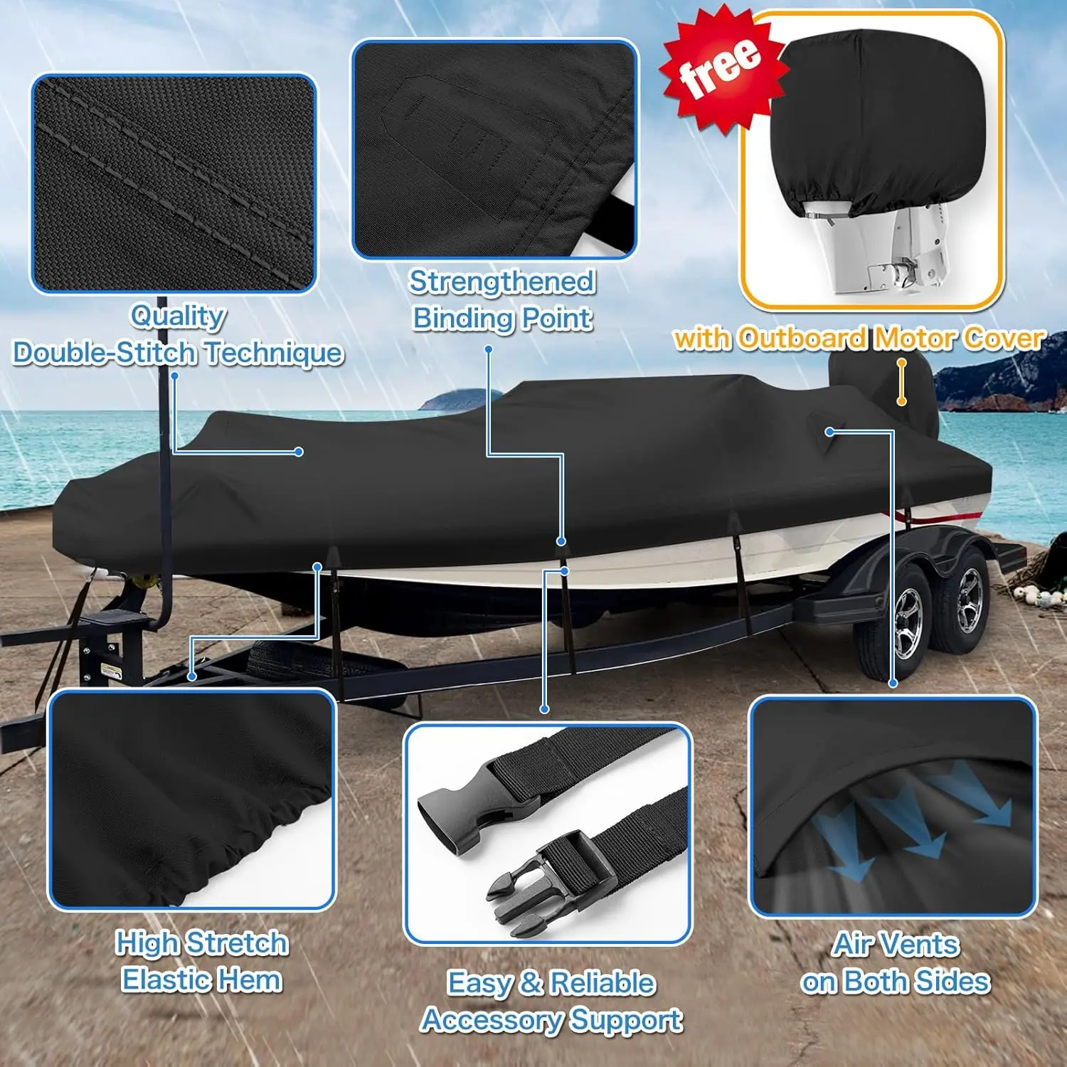 1200D PU Waterproof Boat Cover, 16'-18.5' Trailerable Marine Grade Polyester Canvas, Fits 16-18.5ft V-Hull, Bass Boat