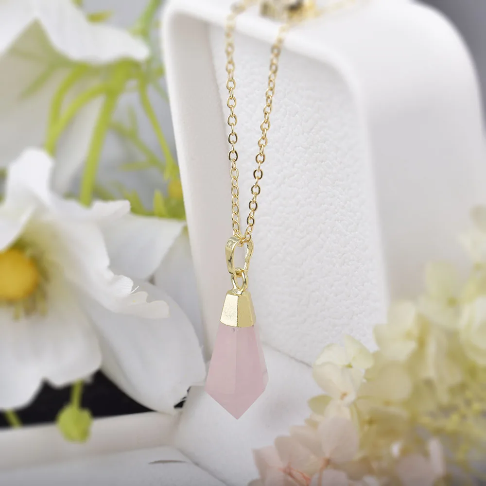 ITSMOS Natural Rose Quartz Prism Pendant Necklace Crystal Column Pink Love Facet Gemstone Necklace for Women Romantic Jewelry