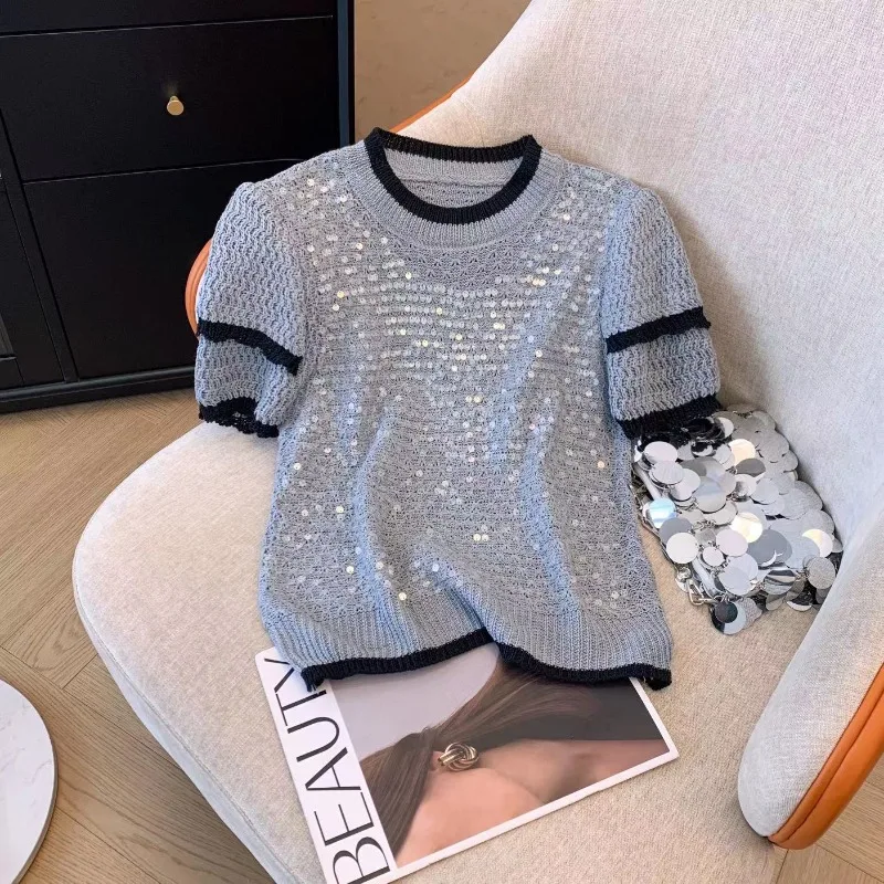 Sequins Puff sleeve Knitwear T-Shirt Women 2024 Summer Hollow Fashion Casual Ruffle Short Sleeve Sweater Female Knitted Tshirt