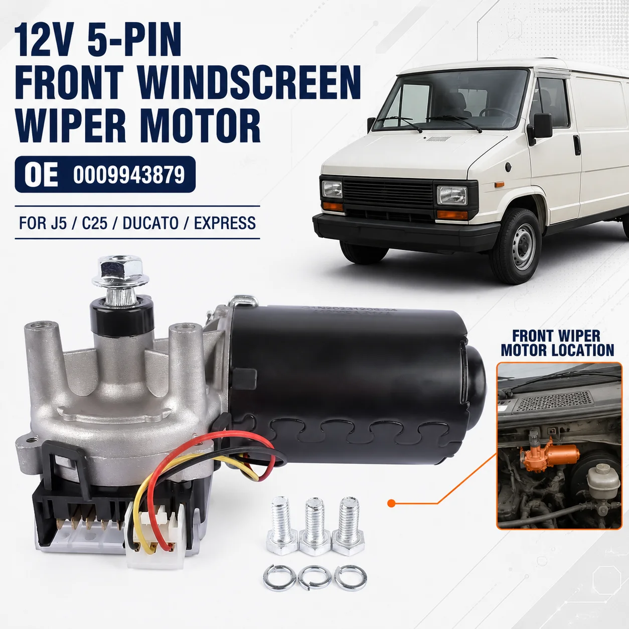 Image of AP02 Frontscheibenwischermotor 12V 5-polig mit Schrauben für Peugeot J5 Citroen C25 Talbot Express 1981-1994 Fiat Ducato Punto 176 Croma 154 0009943879, 9943879, 9948307