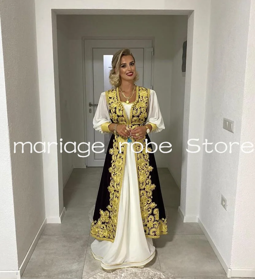 Velvet Two Pieces Caftan Arabic Evening Formal Dresses Gold Applique customsized Traditional Albanian Kosovo Prom Gown Outfit