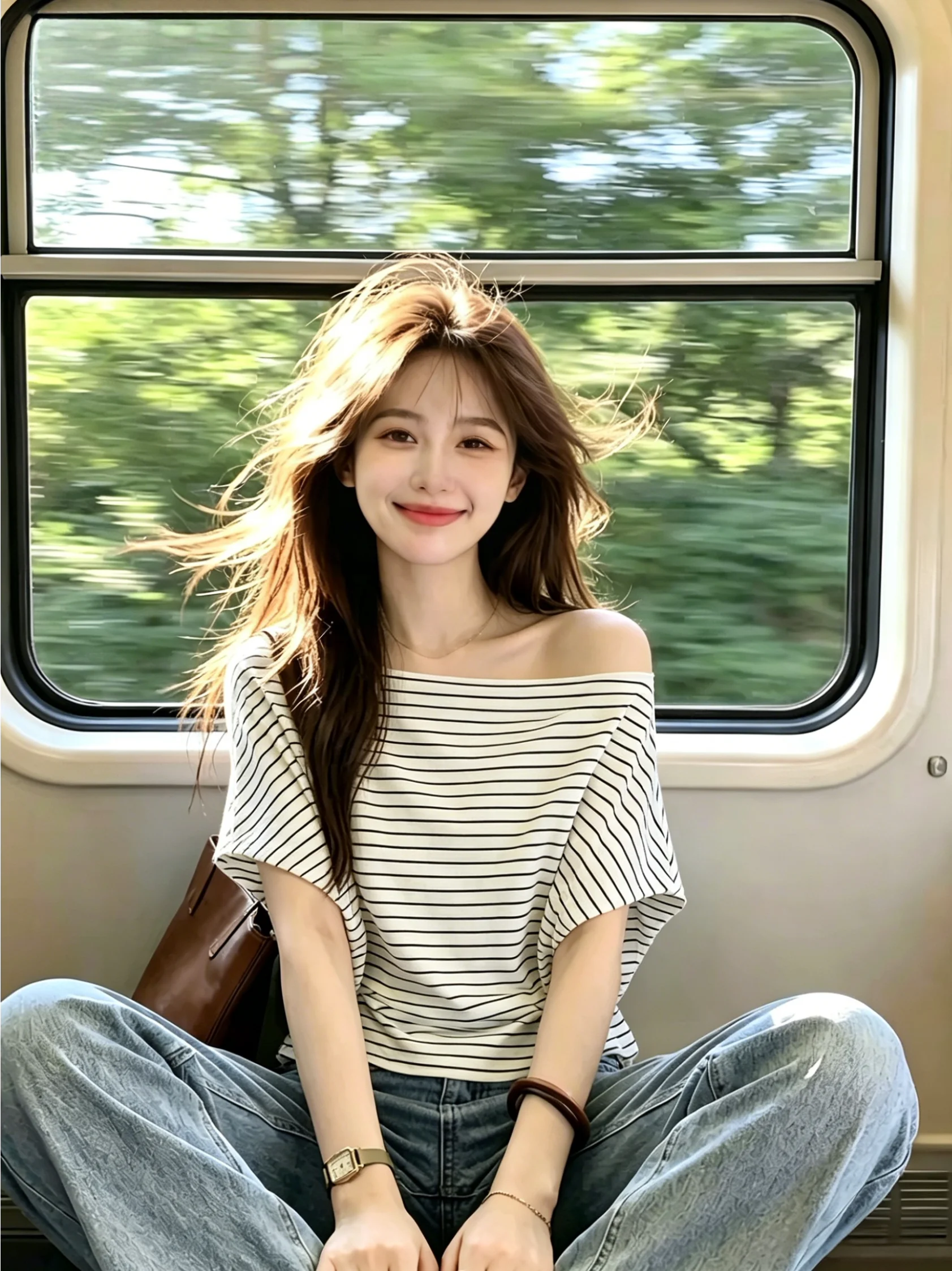 

Slimming Stripe Short Sleeve T-Shirt Women's Summer New Style Ultra Beautiful Self-Keeping Thin Shoulder Commute Korean Version