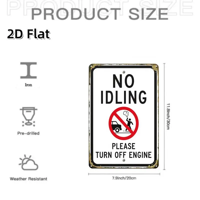 2D Metal Sign, No Idling Shut Off Engine, Garage Art Tin Plate, Premium Print, 8x12 Inch, Home Wall Decor for Room Man Cave