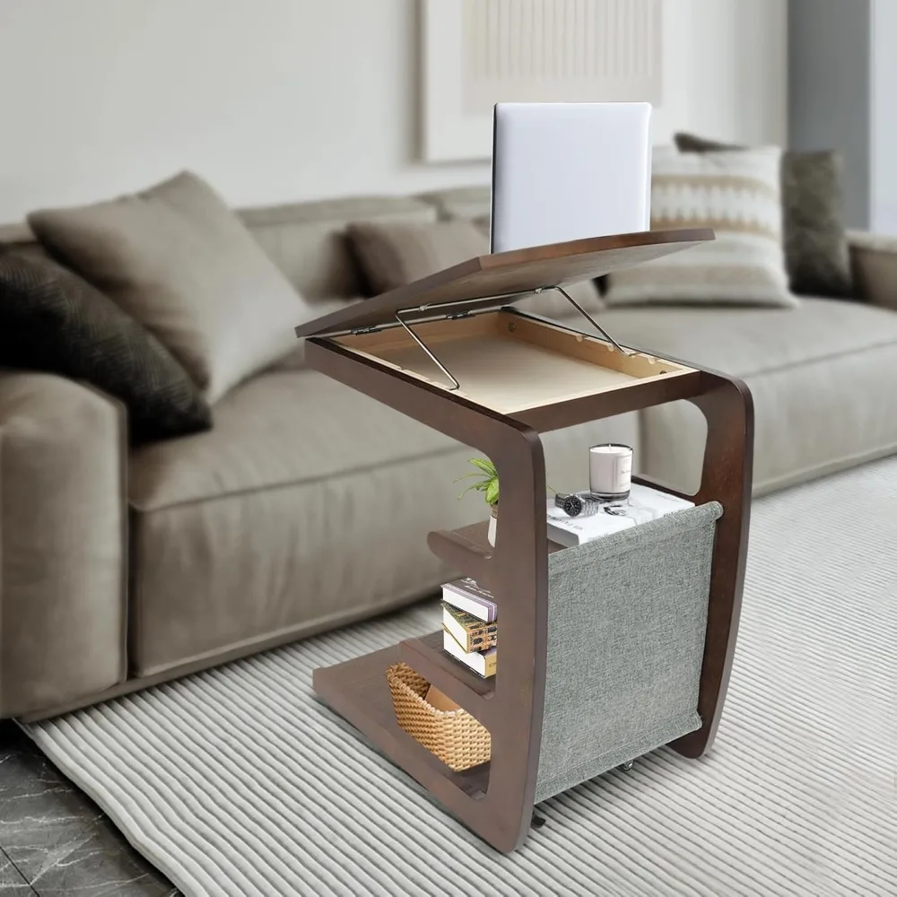 C-Shaped End Table,4 Tiers End Table,Adjustable Desktop Couch Table,C Table with Wheels,Wooden Free Standing Side Table