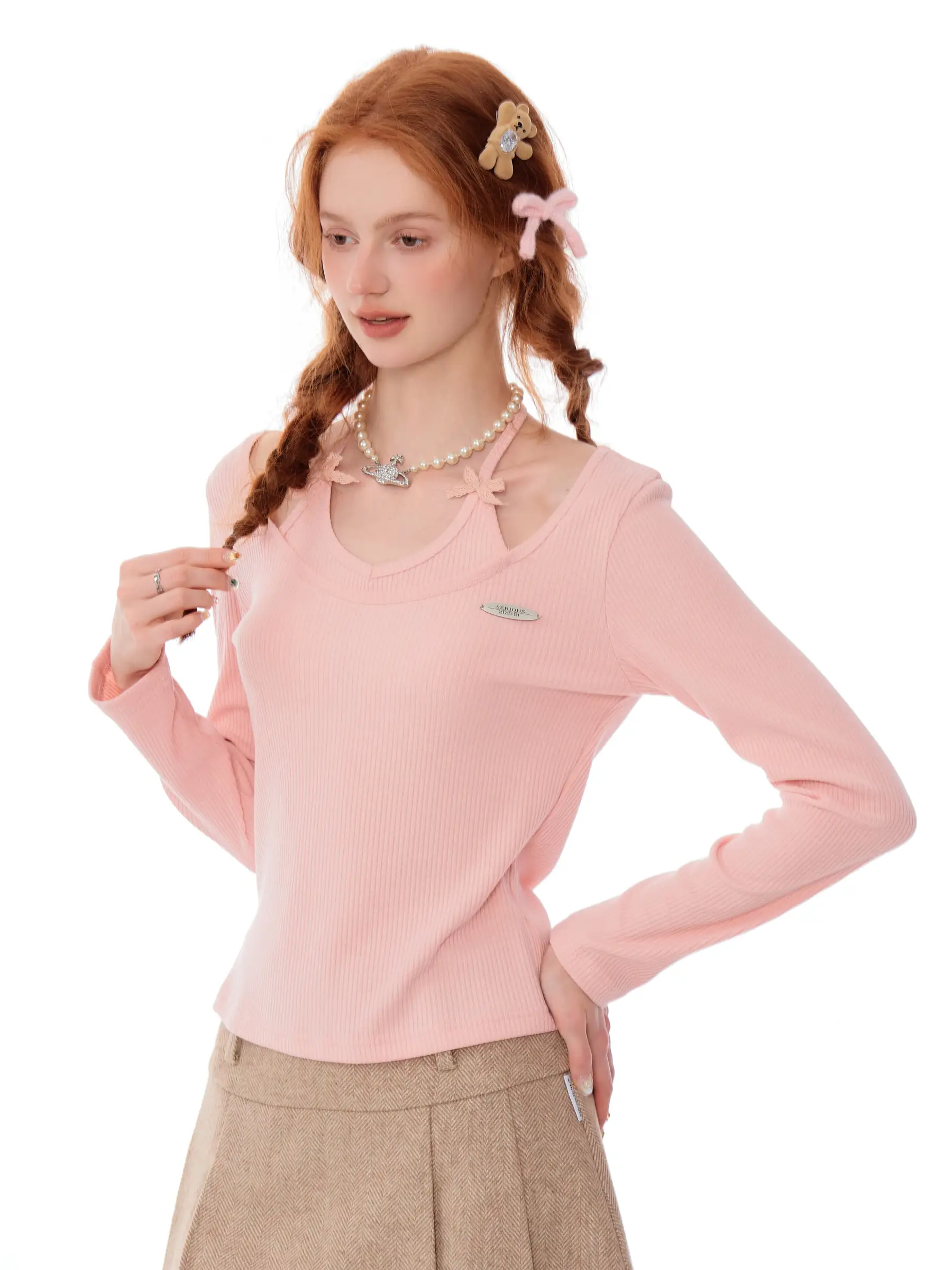 

ZiziFei Knot Long Sve вязаный топ из неолона, женская футболка с базовым слоем, повседневная облегающая футболка из смеси полиэстера