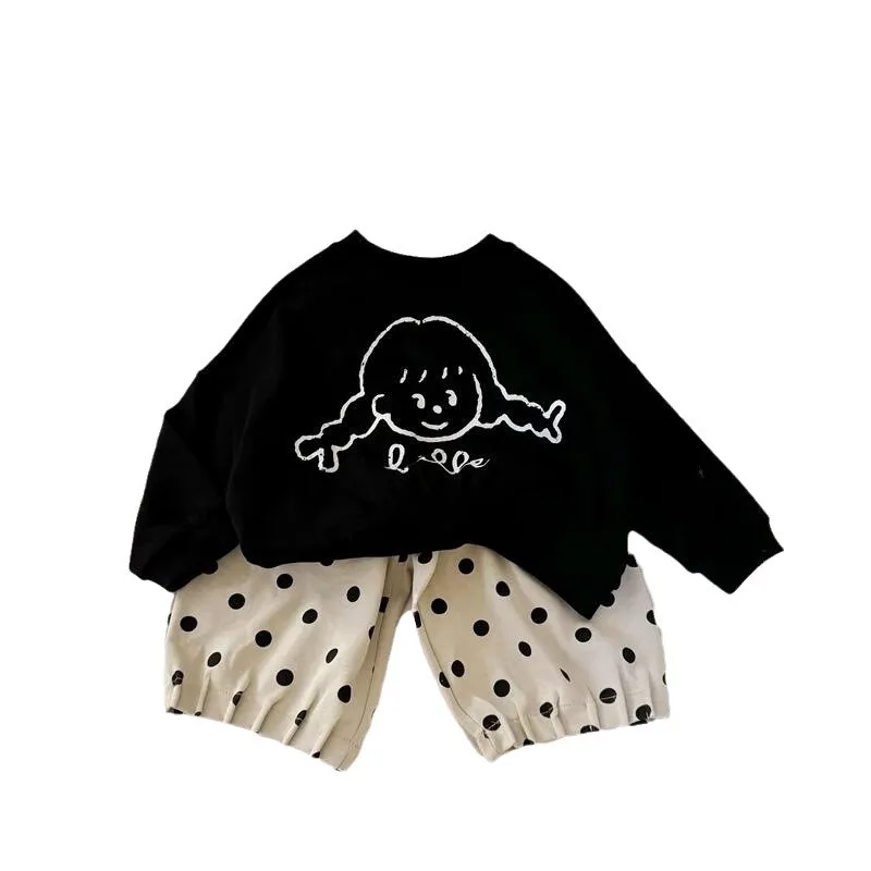 Girls\' Autumn Cartoon Sweater Suit Korean Style Loose Polka Dot Pants Baby Girls\' Polka Dot Bloomers Wide Leg Pants