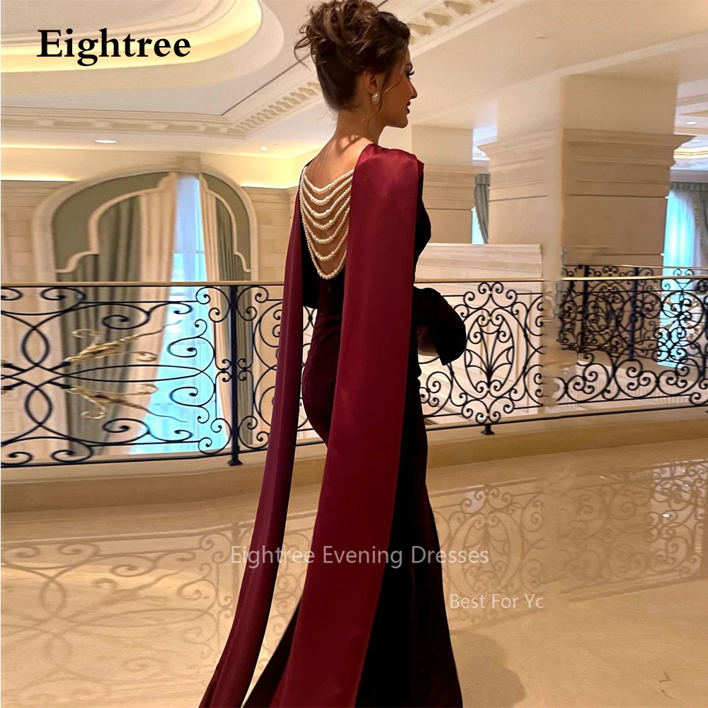 

Eightree Vintage Burgunday Red Velvet Evening Dresses Long Sleeves Backless Beading Prom Gowns Arabic Women Wedding Party Dress