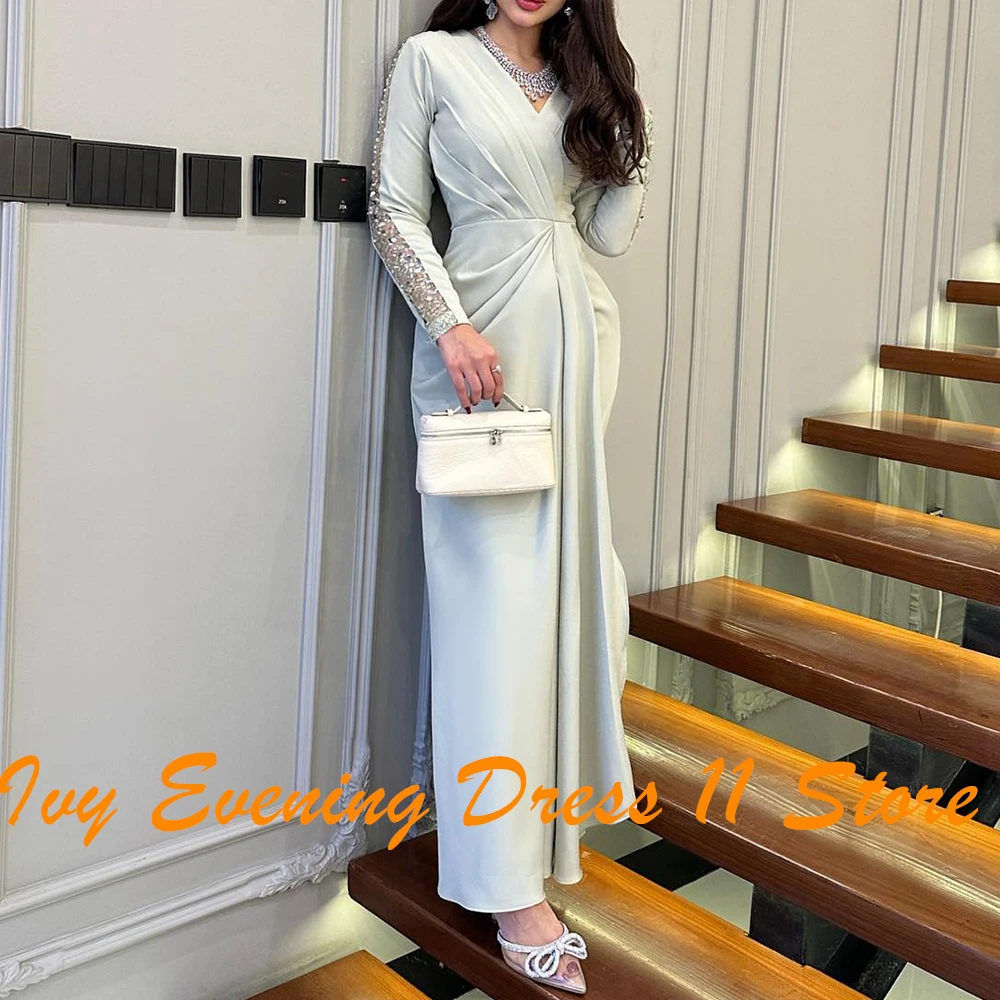 Customized Classic Ankle Length Sequined Pleats Evening Dress Exquisite A-Line Long Sleeves V-Neck Photo Color Party Gown