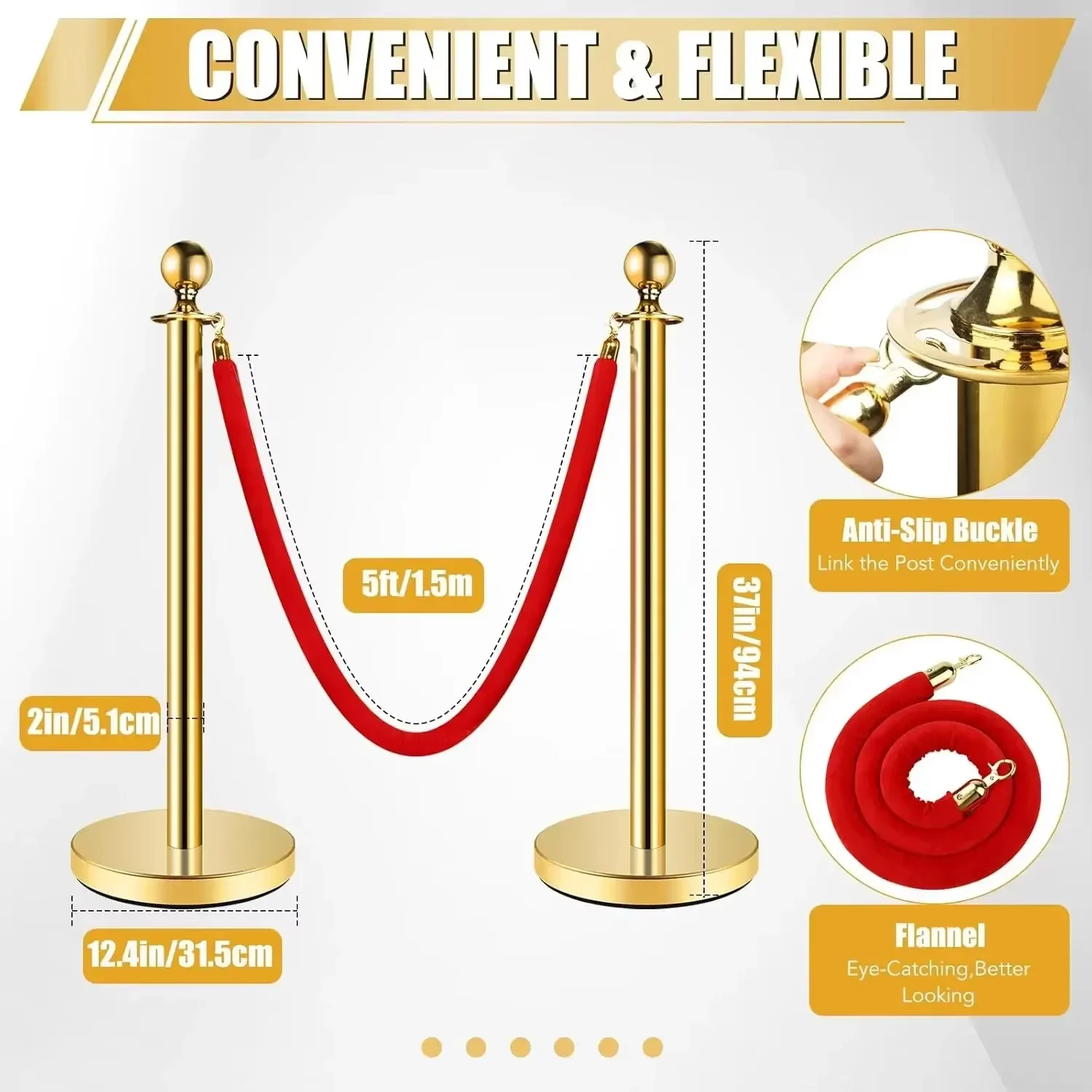 8pc Stainless Steel Stanchion Post Queue 5 ft Red Velvet Rope Red Carpet Ropes and Poles Crowd Control Barriers（37in）