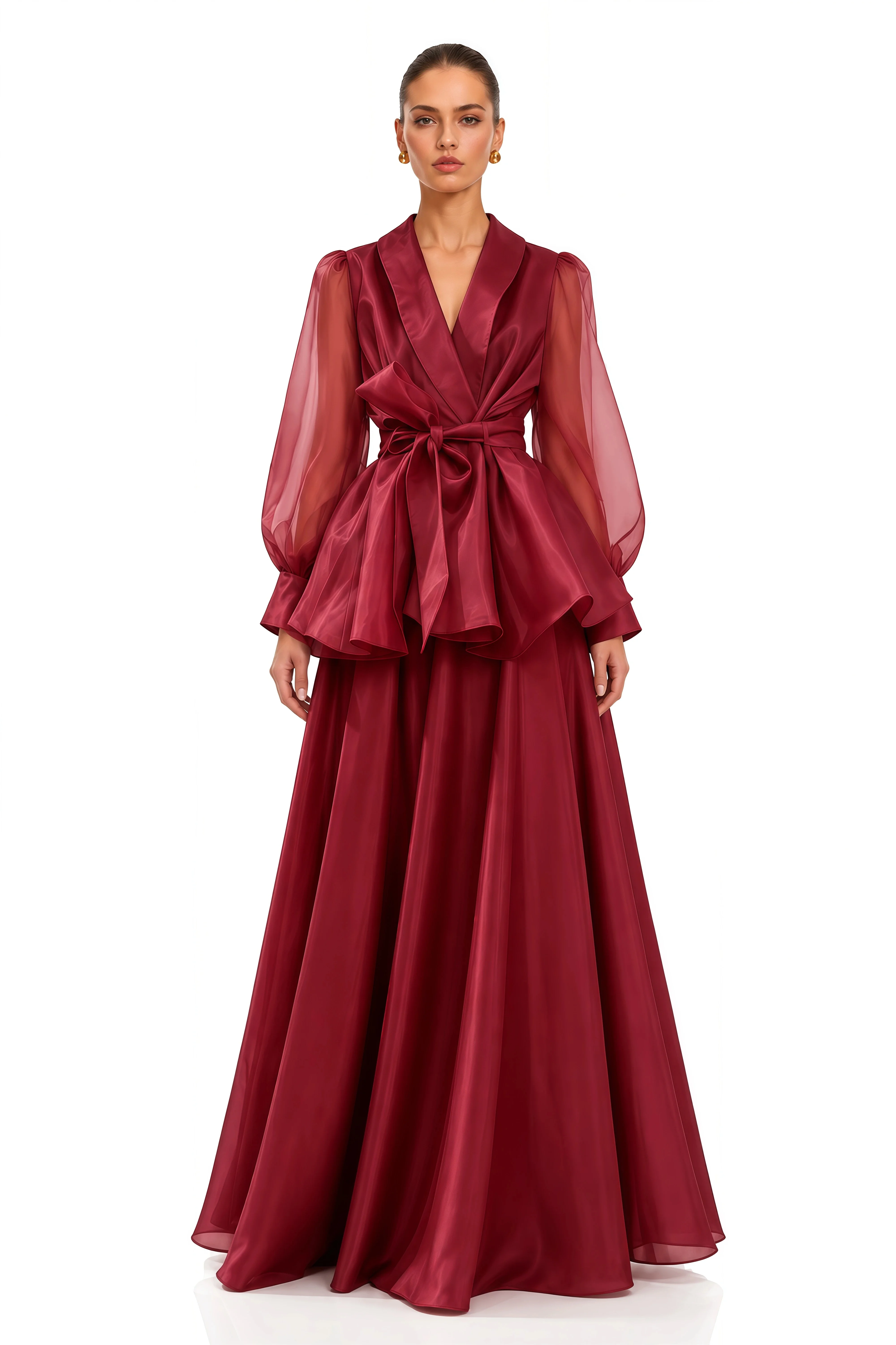 Women Elegant Organza Two Piece Evening Gown Sheer Puff Long Sleeve Self Tie Sash Waist for Wedding Guest Mother of the Bride