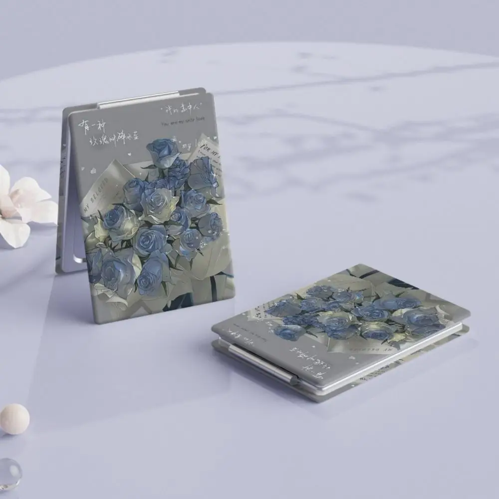 PU Folding Makeup Mirror High Definition Foldable Foldable Cosmetic Mirror Butterfly Blue Rose Rectangle Pocket Mirror