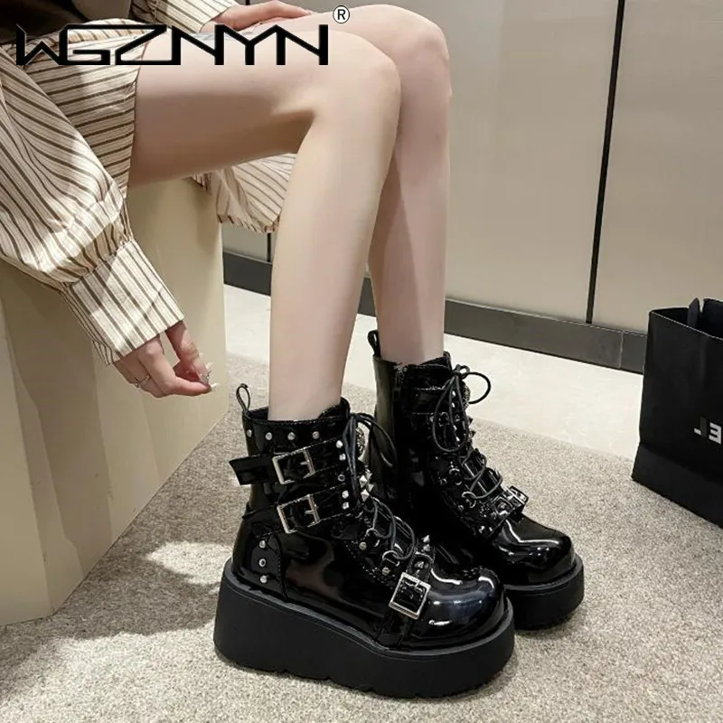 2024 Damskie buty na koturnie i wysokim obcasie Metal Decor Buckle Punk Platform Women Boots Party Gothic Street Woman Shoes Knight Boots