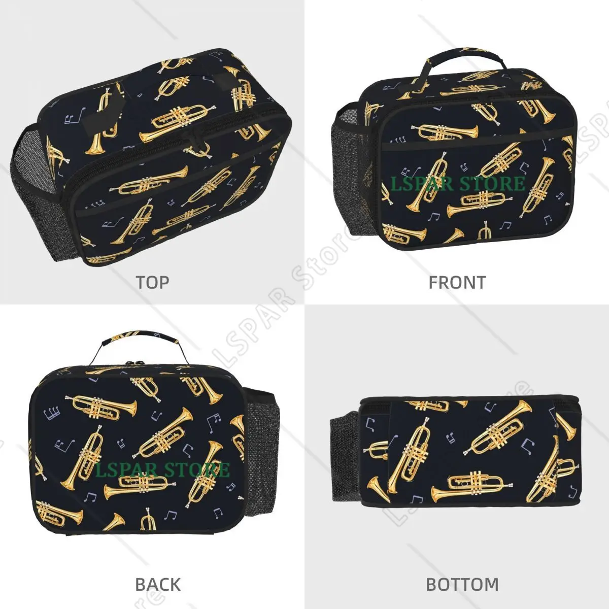 Gold Trumpet On Black Insulated Lunch Bag for Women Children Portable Food Boxes Thermal Lunch Box Tote