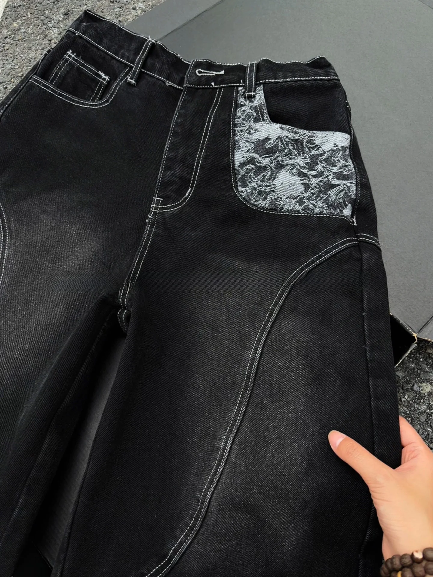 American Floral Embroidery Deconstructed Workwear Jeans Shorts for Men Straight Leg Seven Tenths Pants Youth Fashion Summer J...