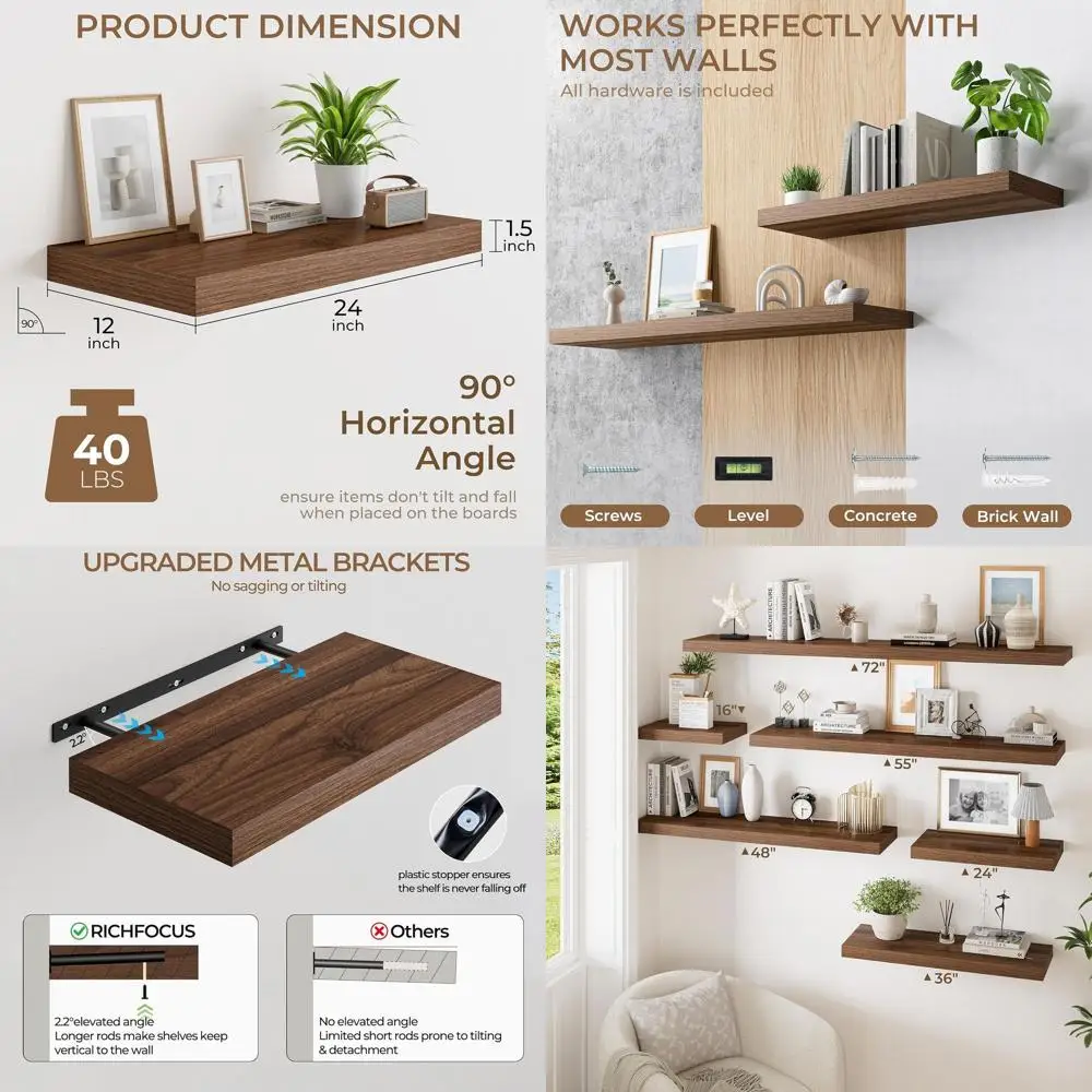 

Set of 2 Floating Wall Shelves, 12 Deep x 24 Wide, Walnut Finish for Home Storage