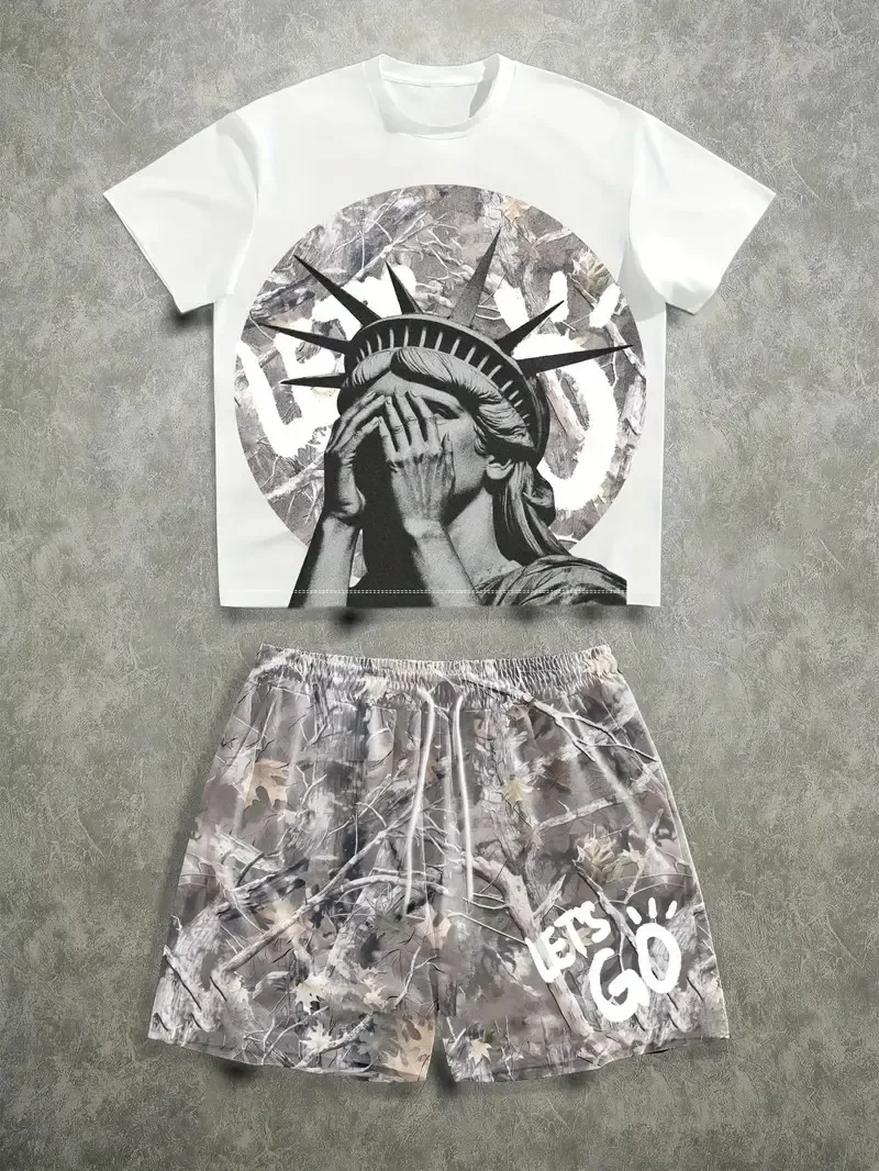 

The 2025 summer new men's set features street casual hip-hop fashion comfort and softness with 3D pattern prints