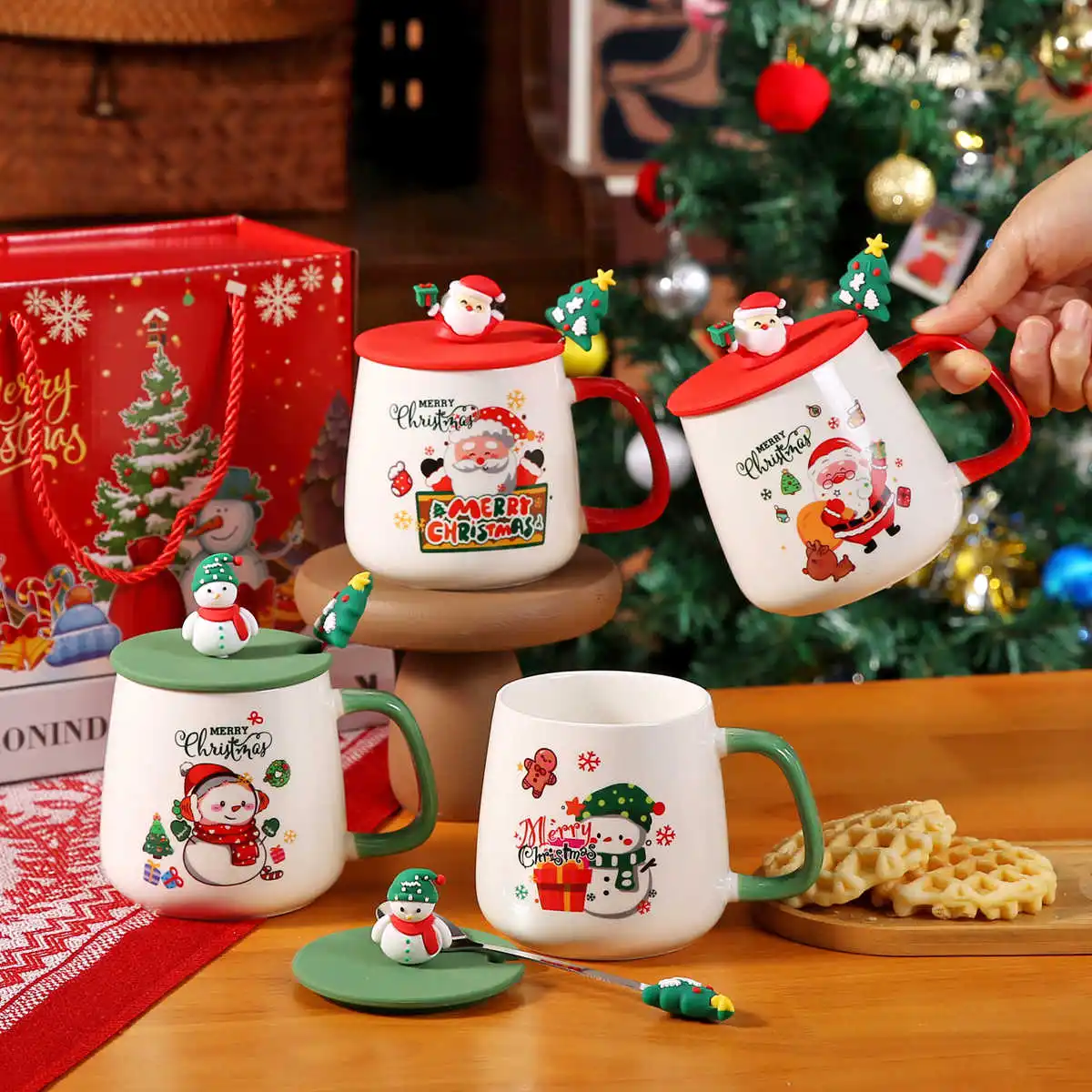 Christmas Gift Box Mug For Coffee And Tea Breakfast Xmas Theme Ceramic Cup Set With Lid Spoon Festive Holiday Drinkware
