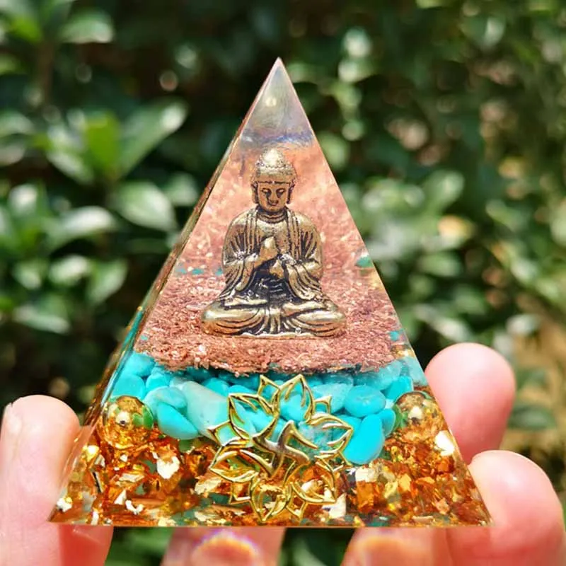 

Buddha Statue Orgone Pyramid Healing Crystal Gold Wire Stone Figurine Energy Generator Meditation Reiki Balancing Resin Jewelry