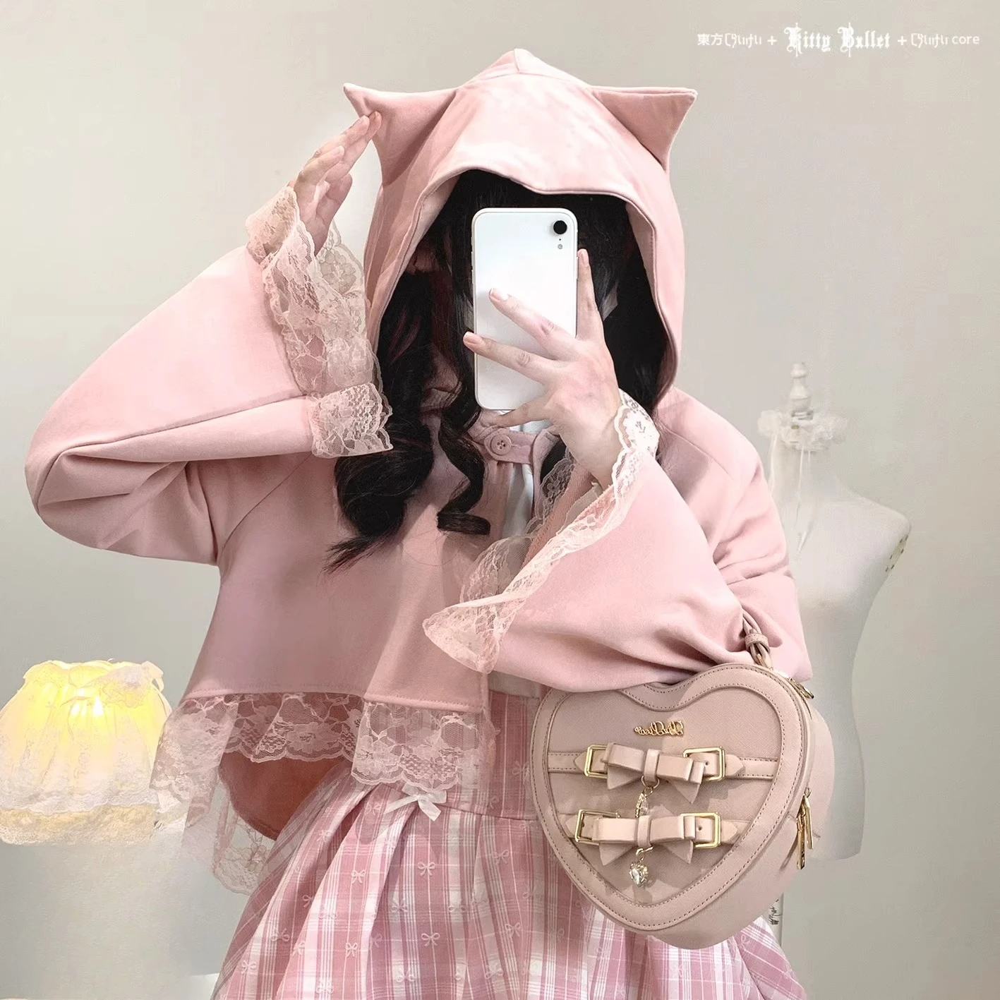 Spring New Lace Ruffles Loose Cropped Hoodie Sweet All Match Y2k Top Original Japanese Cute Cat Ears Hooded Cloak Coat