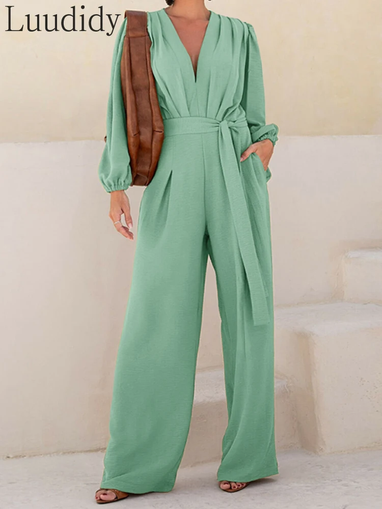 Pofmouwen Diepuitgesneden V-hals Taille Gebonden Detai Jumpsuit Casual losse romper met ruches en zakken