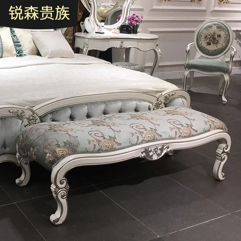 For European Luxury Bedroom French Fabric Embroidery Solid Wood Bedside Stool Concubine Sofa Changing Bench Home Decor