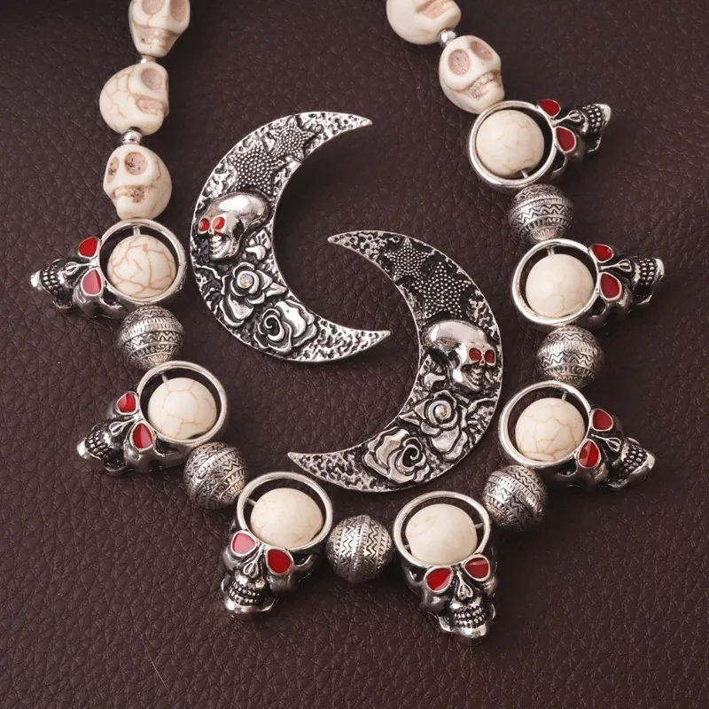 Halloween Skull Jewelry Set For Women Silver Gothic Skeleton Necklace Earrings Red Eyes Spooky Party Accessory Gift