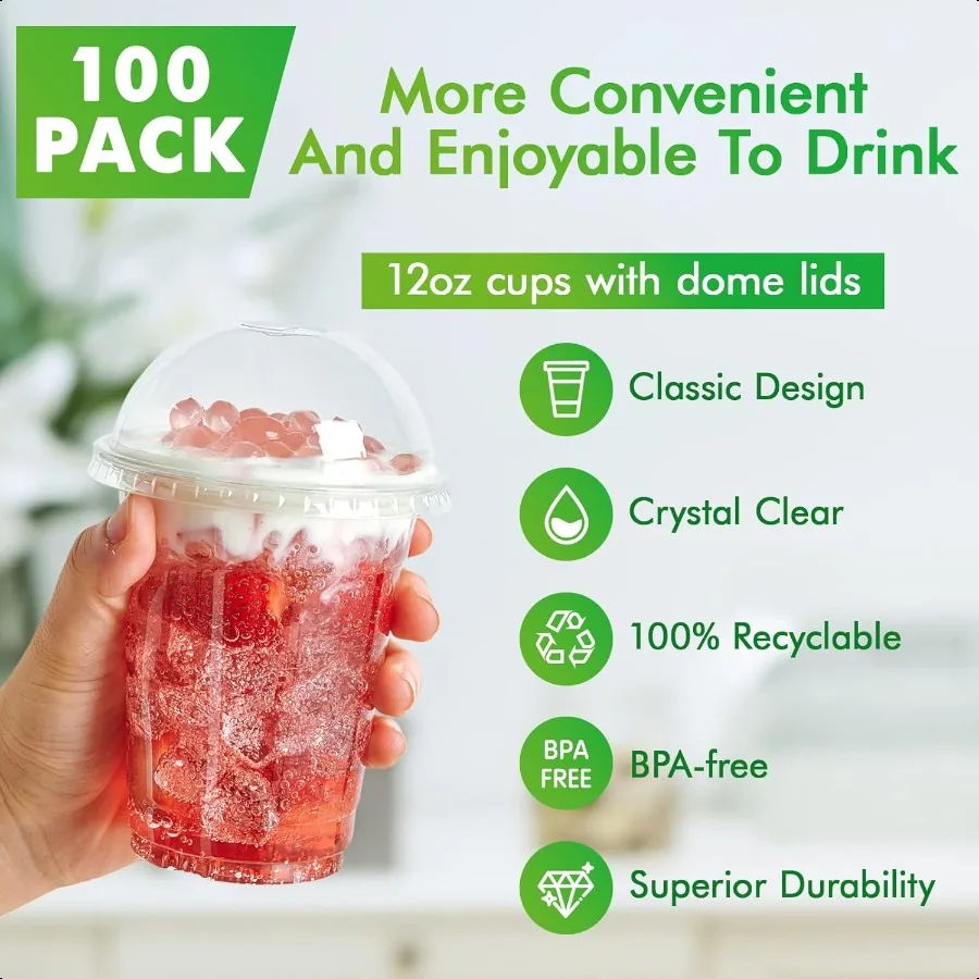 100 комплектов прозрачных пластиковых стаканчиков на 12 унций с купольными крышками. Пластиковые стаканчики для питья. Чашки для парфии на 12 унций для льда, кофе, смузи, пузырька Боба.