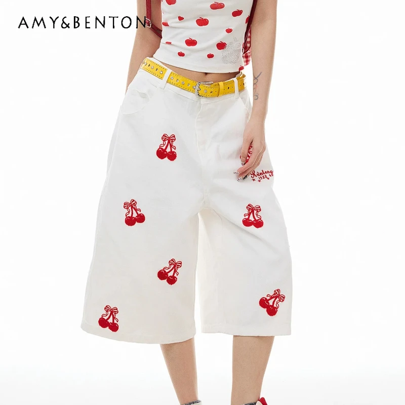

Sweet Fruit Print Flocking Embroidered Women's Capris 2026 New High Waist Thin Loose Y2k Straight Wide Leg Medium Pants Ladies