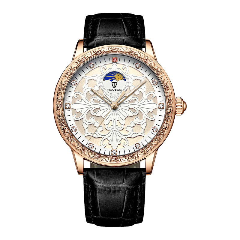 TEVISE Watch for Men Quartz Movement Fashion Business Casual Wristwatch Moon Phase Leather Strap Luxury Gift Watch
