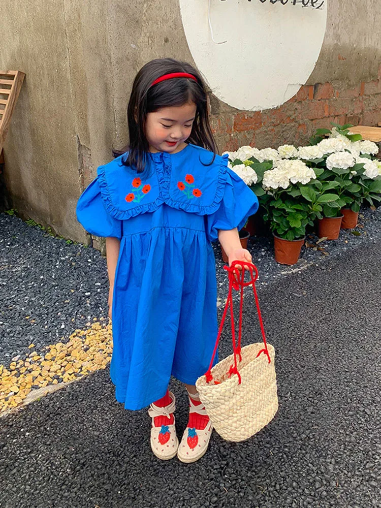 Summer parent-child dress Net red mother and daughter blue embroidered collar dress Summer  Dresses  family outfit matching