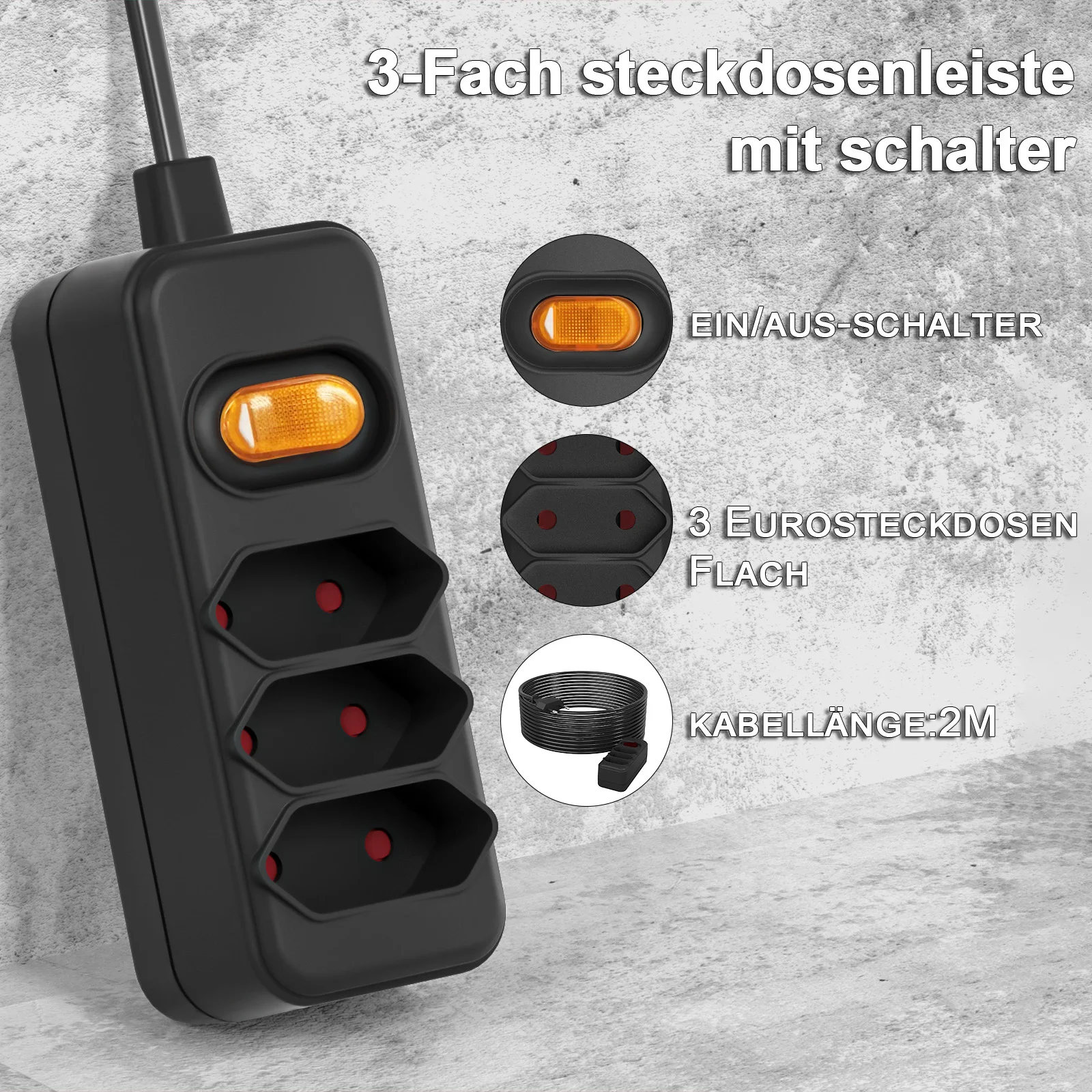 European EU 2 Prong Power Socket with 2M Extension Cable, Euro Power Strip Flat Plug Outlet with Switch for Computer TV PC