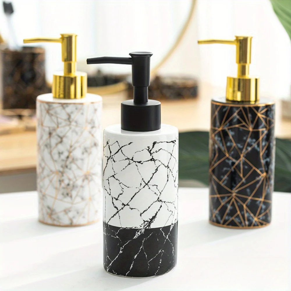 1pc Marble Pattern Ceramic Soap Dispenser,10.14oz Press Type Lotion Dispenser, Refillable Empty Bottle For Shampoo Shower Gel, B