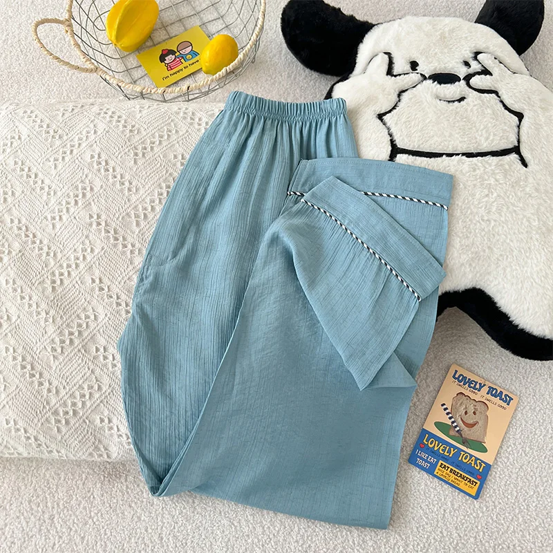 New Spring Autumn Minimalist Y2K Imitation Cotton Linen Fabric Pajama Bottoms Men Light Blue Men's Casual Pants Long Trousers