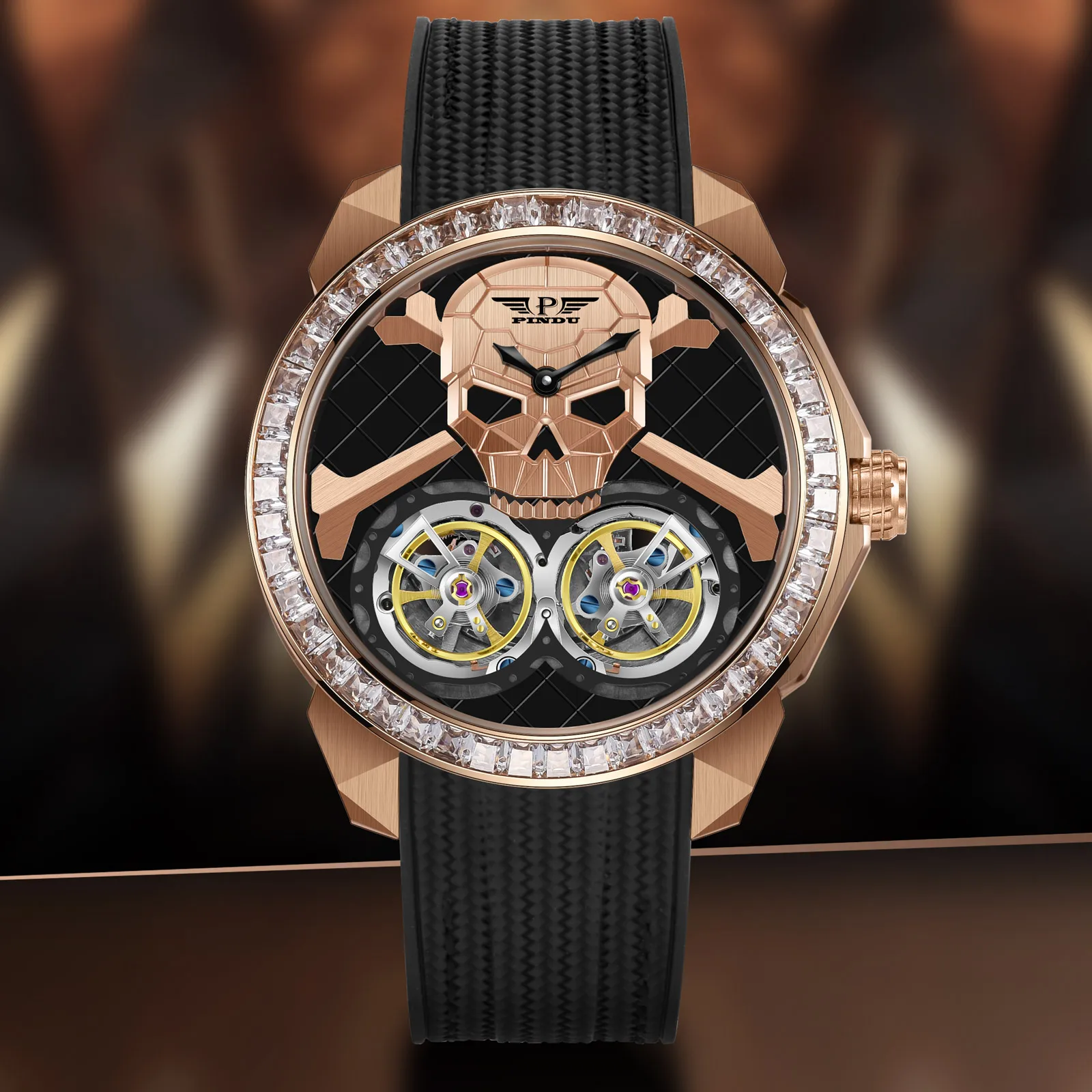 PINDU 2025 New Double Flying Wheel Mechanical Watch Men Ghost Head Dial JHLS33-1 Movement Waterproof Automatic Mechanical Watch