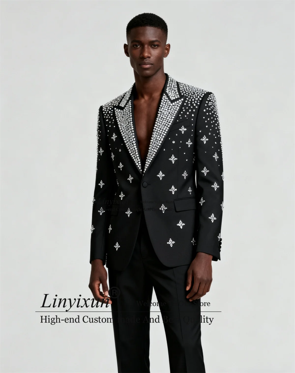 

Handsome Rhinestones Beaded Men Suits 2 Pieces Sets Groom Male Blazers Customized Wedding Tuxedos Slim Fit Party Ropa hombre