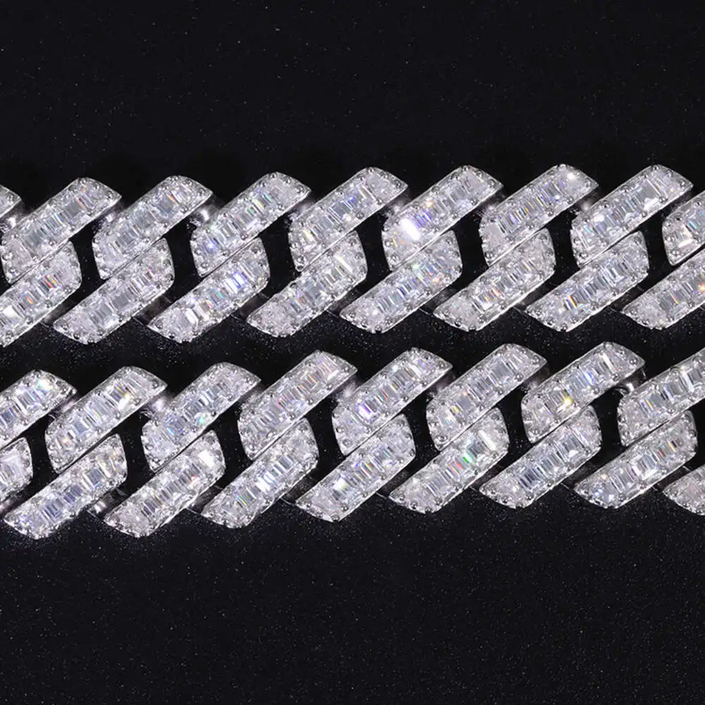 

New Style 925 Silver 12mm Width Necklace Baguettes Cut Moissanite Men Necklace Bling Cuban Link Chain