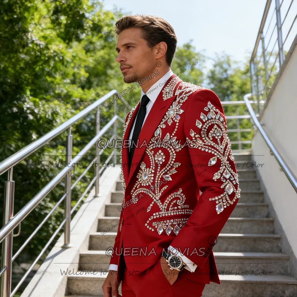 

Luxury Red Suits Men For Wedding Sliver Beaded Stones Prom Blazers Customized 2 Piece Sets Groom Formal Waer Wedding Tuxedos