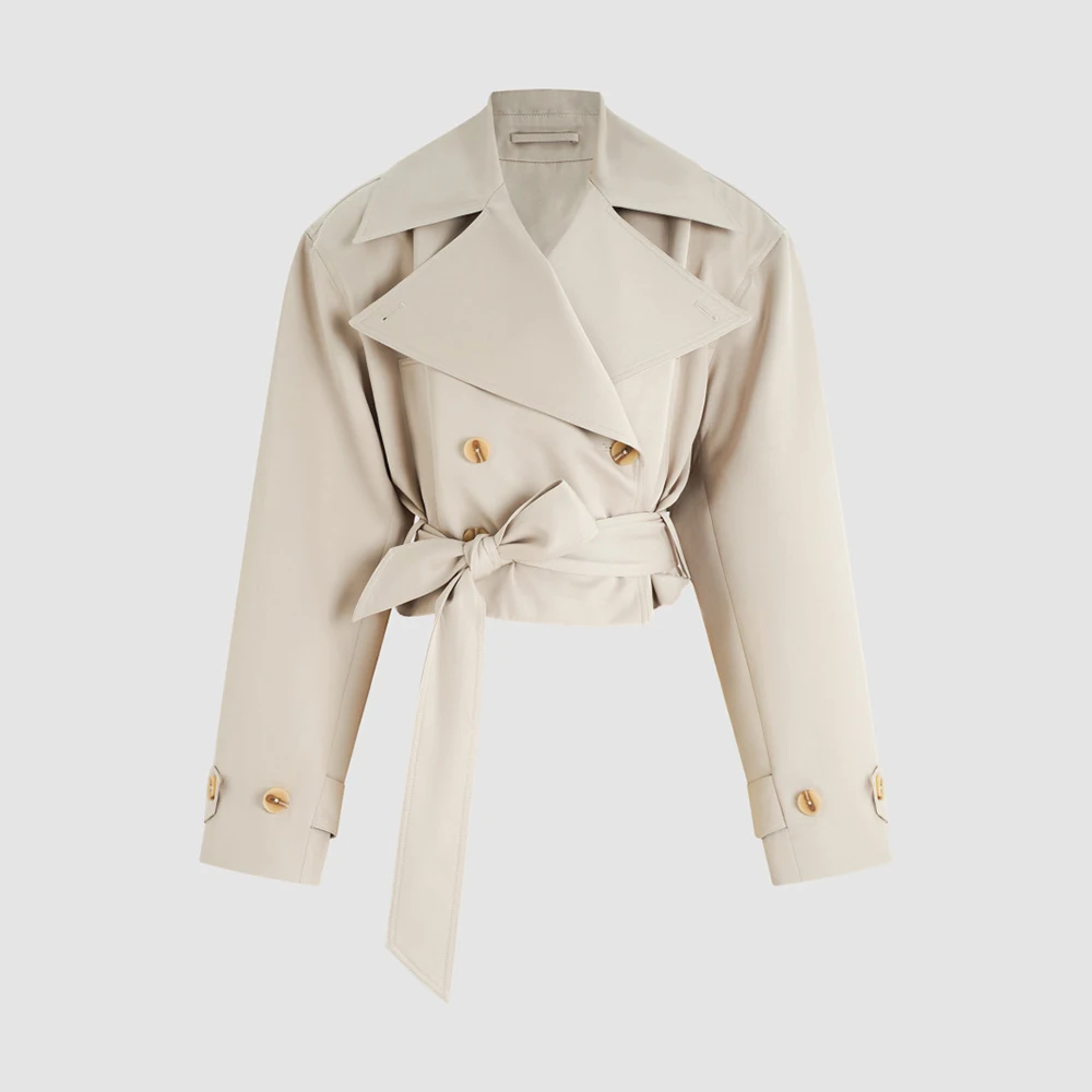 Ladies Cotton Mix Trench Coat Lapel Double Breasted Belted Short Jacket Women Long Sleeve Elegant Fall Windbreaker Outerwear