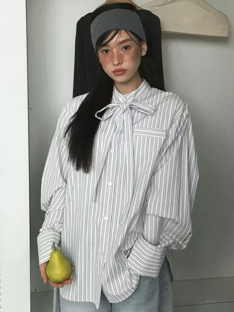 

Loose Striped irt Women's Korean Sle Bow Tie Vintage Spring New Sle Small Size Loose Color Blo Top