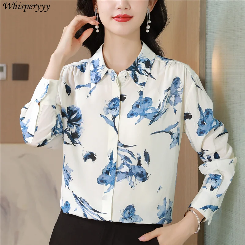 Blue Printed Long-sleeved Shirt Women Clothes Fashion Casual Lapel Chemise Femme Spring Autumn Korean Button Blouse Female