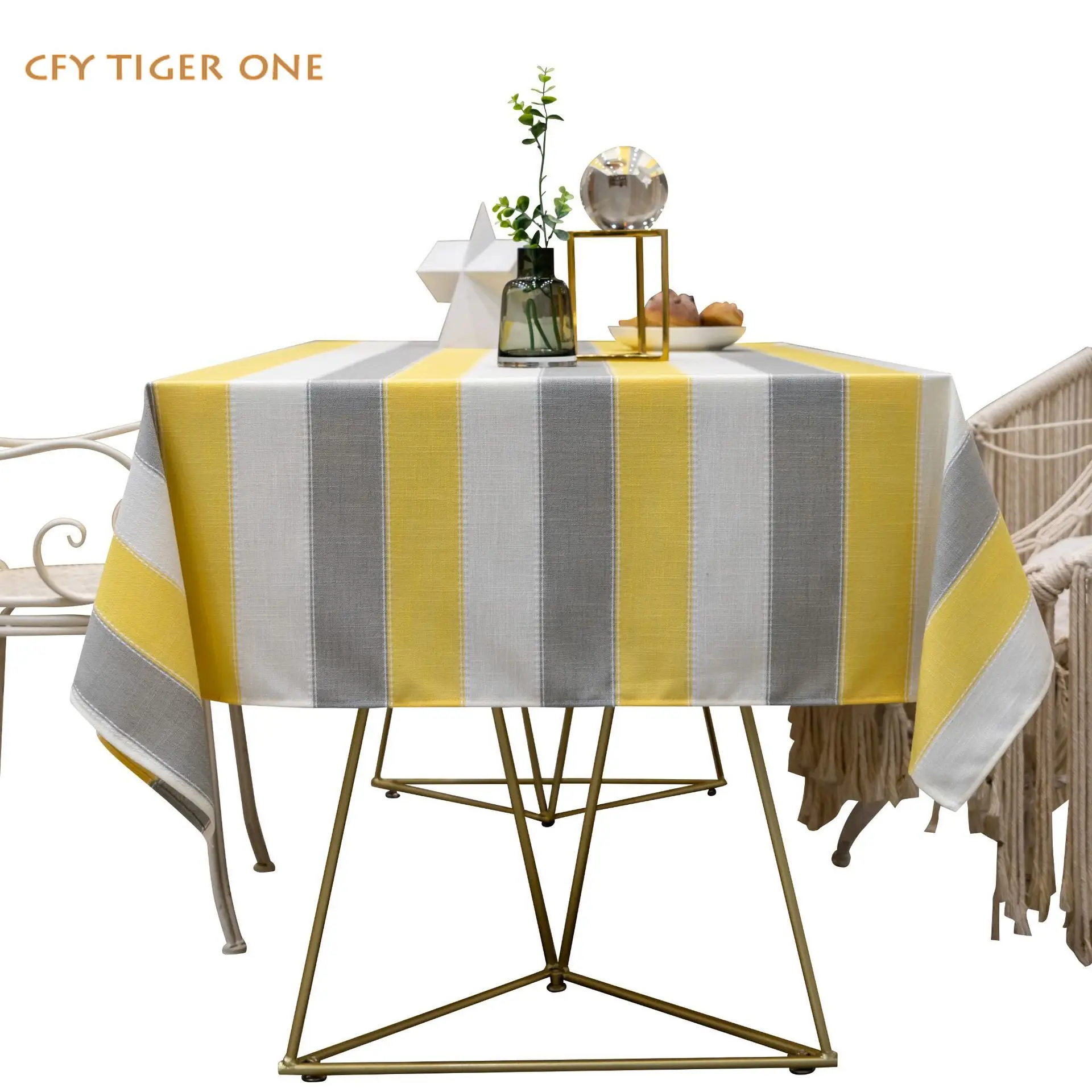 Cotton Linen Yellow gray stripes Tablecloth  Antifouling Rectangular Tablecloth Oil Resistant Coffee Table Mat Table Cover